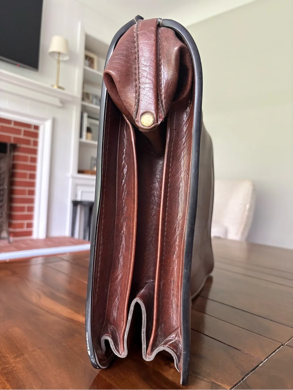 Vintage brown leather expandable briefcase with brass Crest Lock Co NY